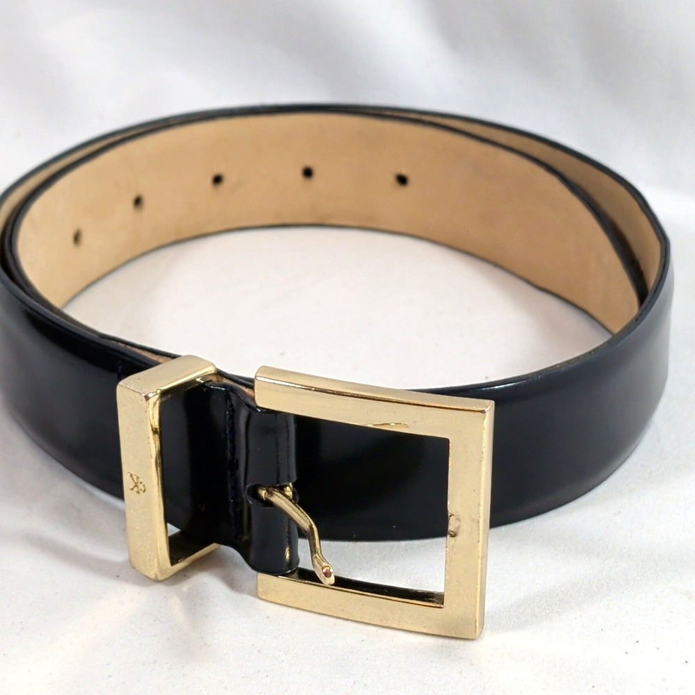 Calvin Klein Black Belt; Italian Calfskin Leather Gold Buckle Size Small